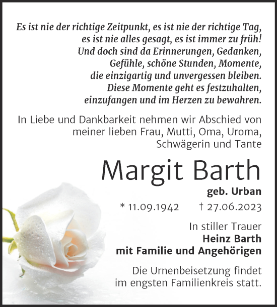 Traueranzeige von Margit Barth von Trauerkombi Wittenberg