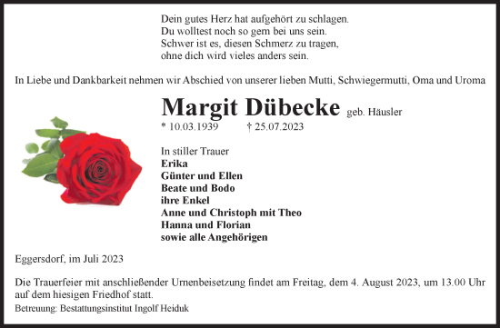 Traueranzeige von Margit Dübecke von Volksstimme Schönebeck
