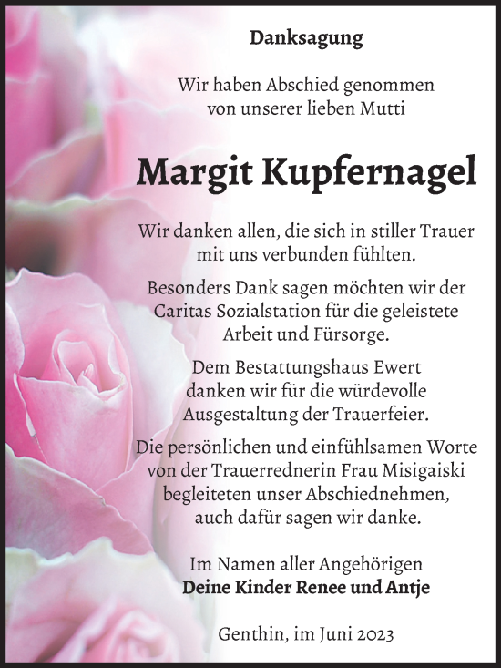 Traueranzeige von Margit Kupfernagel von Volksstimme Burg/Genthin