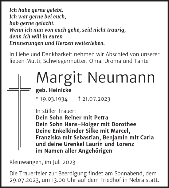Traueranzeige von Margit Neumann von Naumburger Tageblatt