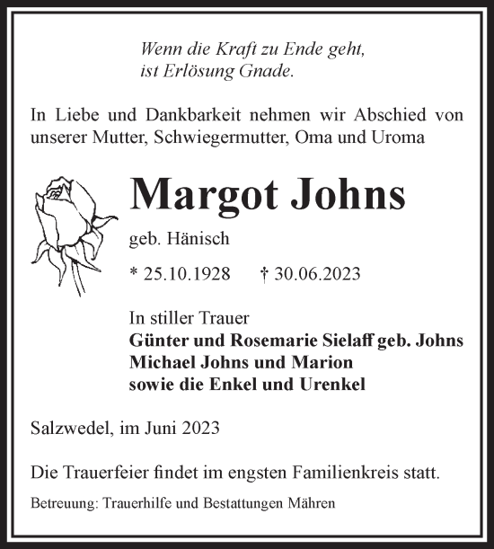 Traueranzeige von Margot Johns von Volksstimme Altmark West