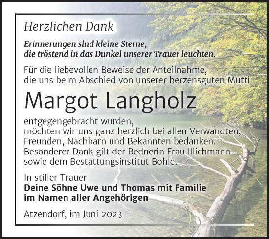 Traueranzeige von Margot Langholz von Trauerkombi Merseburg