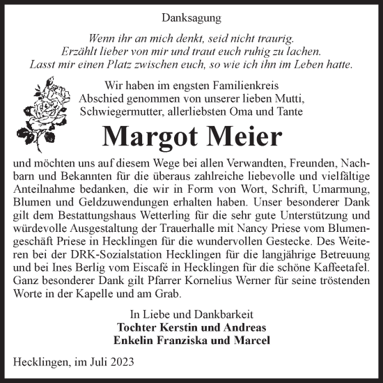 Traueranzeige von Margot Meier von Volksstimme Staßfurt