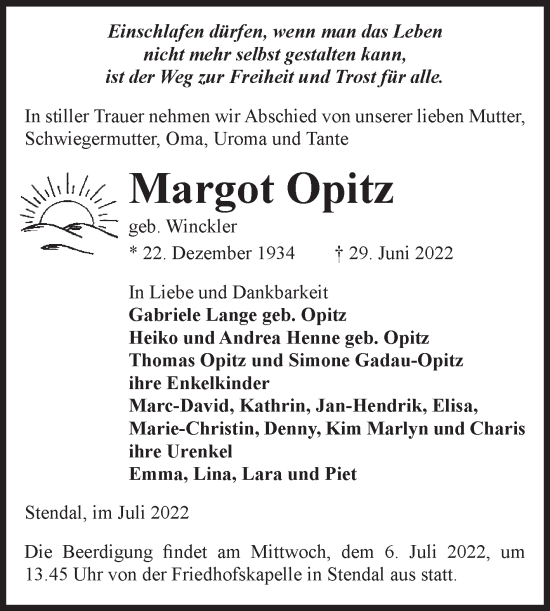 Traueranzeige von Margot Opitz 