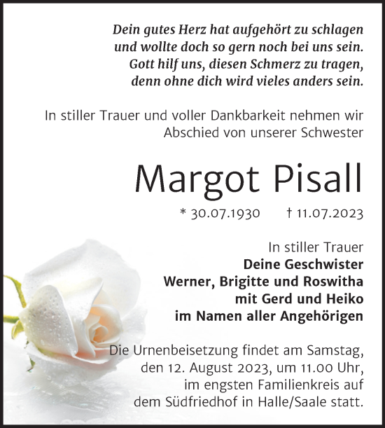 Traueranzeige von Margot Pisall von Mitteldeutsche Zeitung Halle/Saalkreis