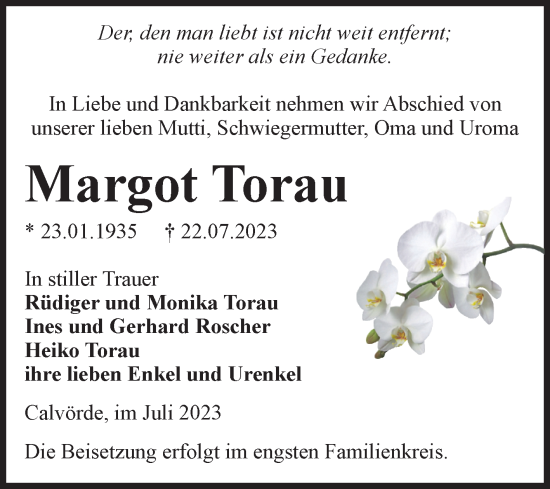 Traueranzeige von Margot Torau von Volksstimme Haldensleben/Wolmirstedt
