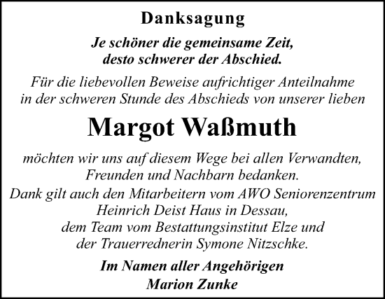 Traueranzeige von Margot Waßmuth von Trauerkombi Dessau