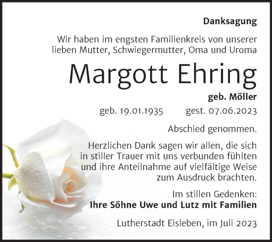 Traueranzeige von Margott Ehring von Trauerkombi Mansfelder Land