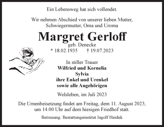 Traueranzeige von Margret Gerloff von Volksstimme Schönebeck