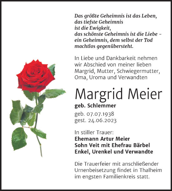 Traueranzeige von Margrid Meier von Trauerkombi Bitterfeld