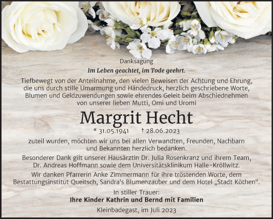 Traueranzeige von Margrit Hecht von Trauerkombi Köthen