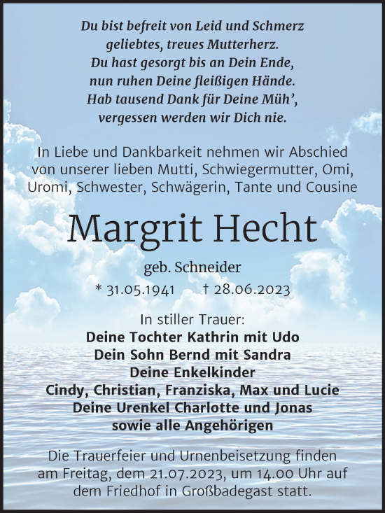Traueranzeige von Margrit Hecht von Trauerkombi Köthen