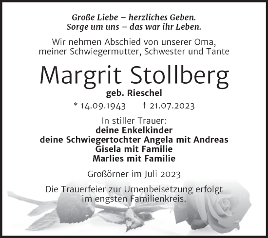Traueranzeige von Margrit Stollberg von Trauerkombi Mansfelder Land