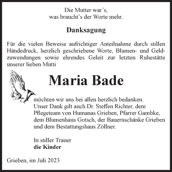Traueranzeige von Maria Bade von Volksstimme Altmark Ost