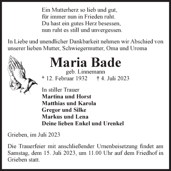 Traueranzeige von Maria Bade von Volksstimme Altmark Ost