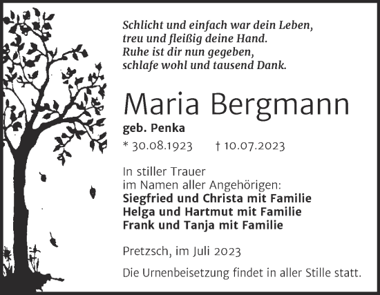 Traueranzeige von Maria Bergmann von Trauerkombi Wittenberg
