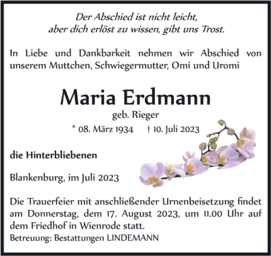 Traueranzeige von Maria Erdmann von Volksstimme Wernigerode