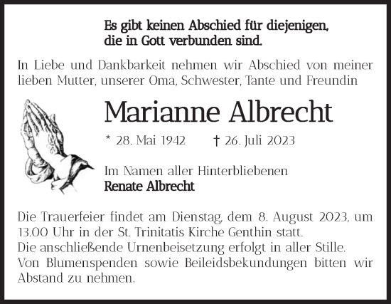 Traueranzeige von Marianne Albrecht von Volksstimme Burg/Genthin