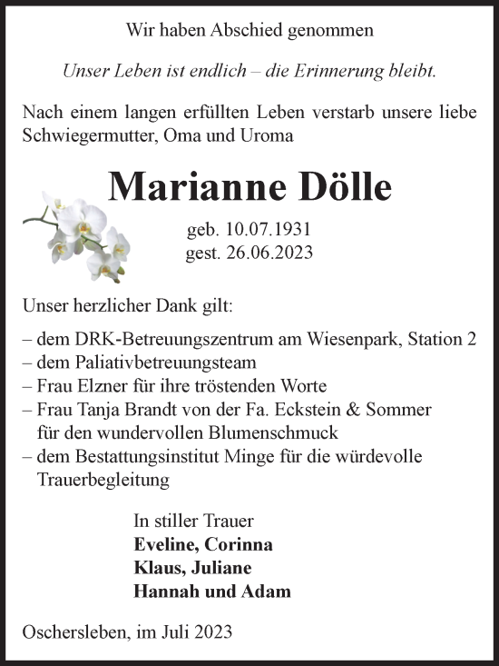 Traueranzeige von Marianne Dölle von Volksstimme Oschersleben/Wanzleben