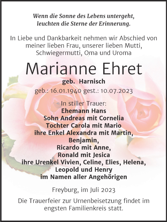 Traueranzeige von Marianne Ehret von Wochenspiegel Naumburg/Nebra