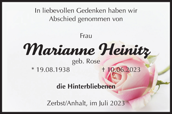 Traueranzeige von Marianne Heinitz von Volksstimme Zerbst