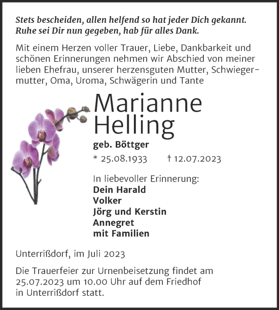 Traueranzeige von Marianne Helling von Trauerkombi Mansfelder Land