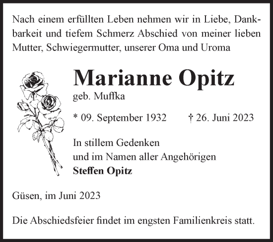Traueranzeige von Marianne Opitz von Volksstimme Burg/Genthin