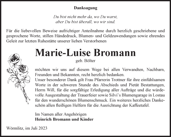 Traueranzeige von Marie-Luise Bromann von Volksstimme Burg/Genthin