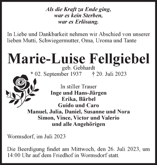 Traueranzeige von Marie-Luise Fellgiebel von Volksstimme Oschersleben/Wanzleben