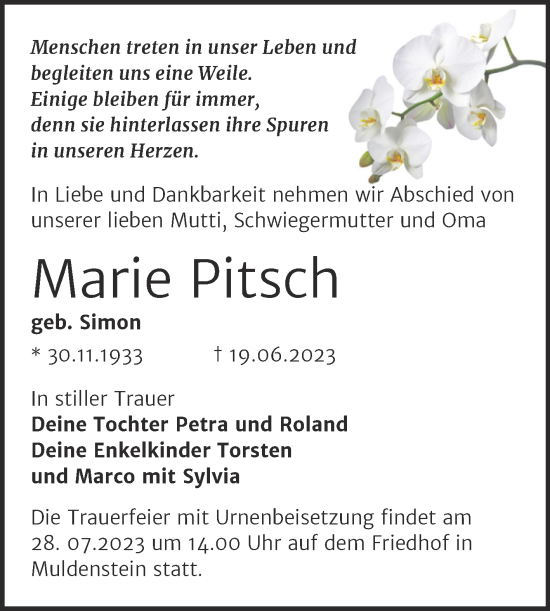 Traueranzeige von Marie Pitsch von Trauerkombi Bitterfeld