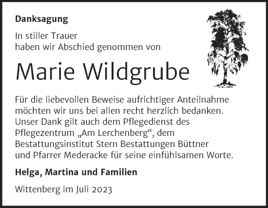 Traueranzeige von Marie Wildgrube von Super Sonntag Wittenberg