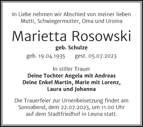 Traueranzeige von Marietta Rosowski von Trauerkombi Merseburg
