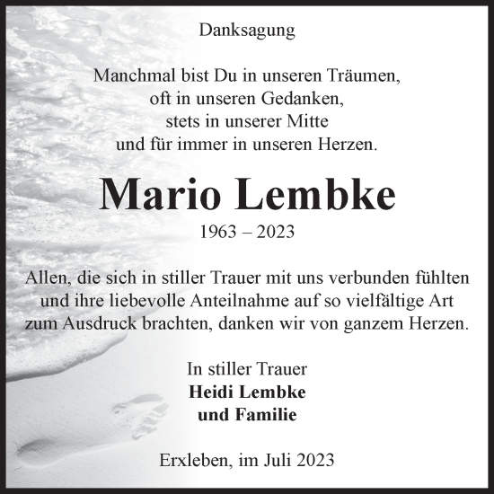 Traueranzeige von Mario Lembke von Volksstimme Altmark Ost