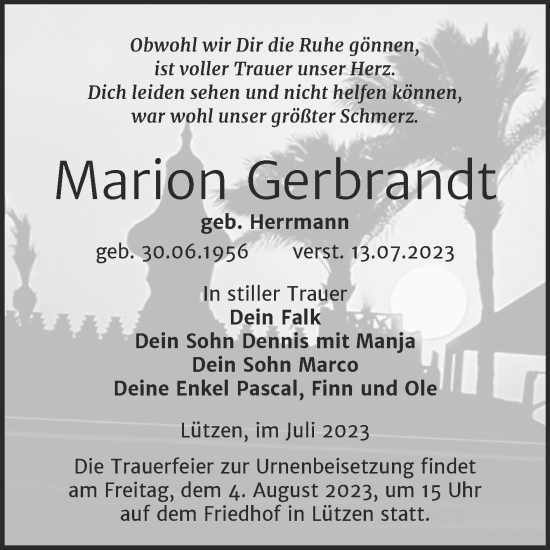 Traueranzeige von Marion Gerbrandt von Trauerkombi Weißenfels