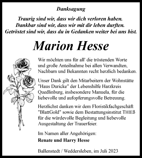 Traueranzeige von Marion Hesse von Trauerkombi Quedlinburg