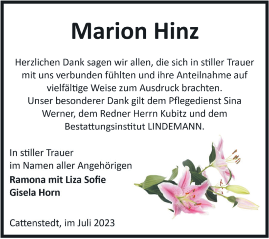 Traueranzeige von Marion Hinz von Volksstimme Wernigerode