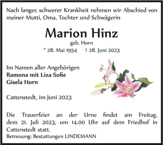Traueranzeige von Marion Hinz von Volksstimme Wernigerode