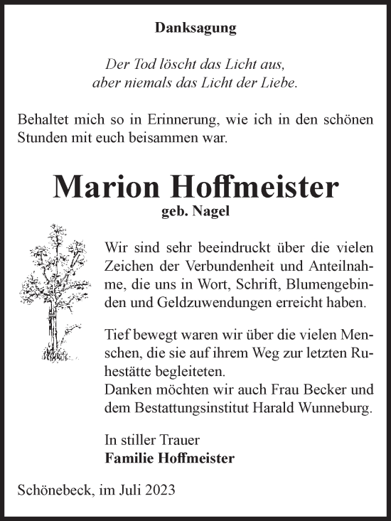 Traueranzeige von Marion Hoffmeister von Volksstimme Schönebeck