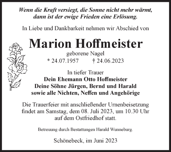 Traueranzeige von Marion Hoffmeister von Volksstimme Schönebeck
