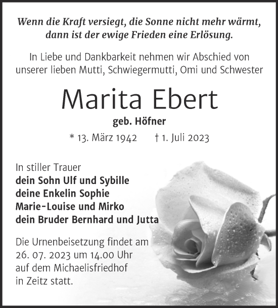 Traueranzeige von Marita Ebert von Trauerkombi Zeitz