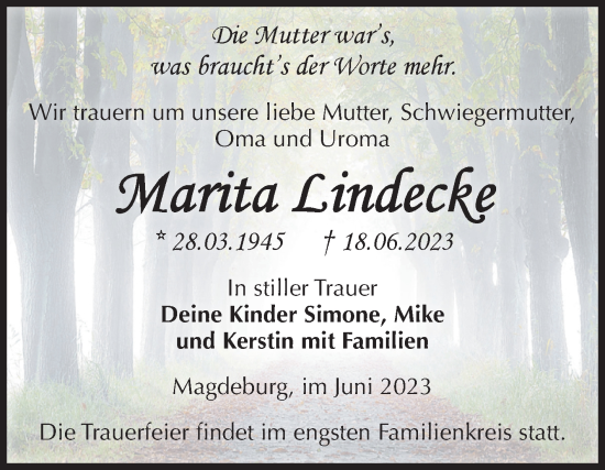 Traueranzeige von Marita Lindecke von Volksstimme Magdeburg