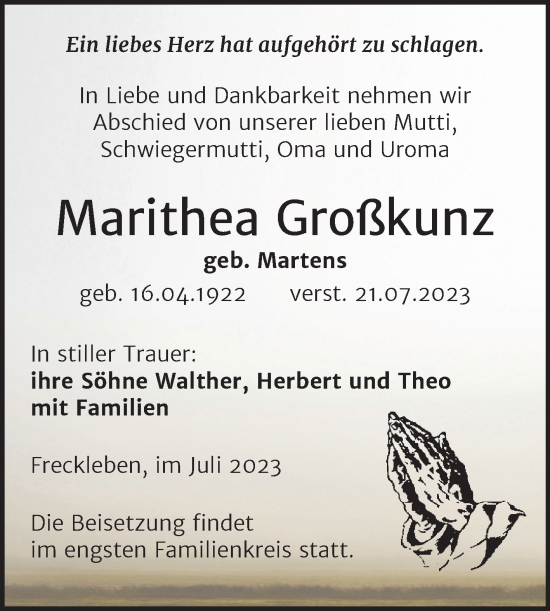 Traueranzeige von Marithea Großkunz von Trauerkombi Aschersleben