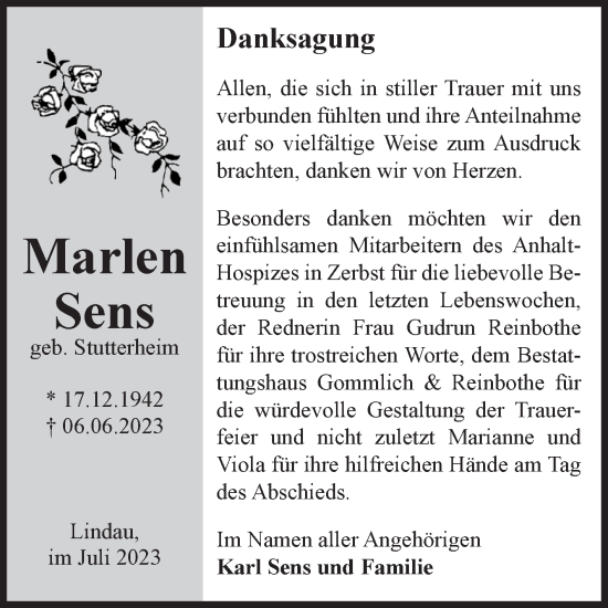 Traueranzeige von Marlen Sens von Volksstimme Zerbst