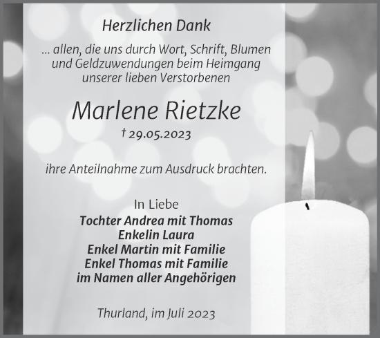 Traueranzeige von Marlene Rietzke von Trauerkombi Bitterfeld