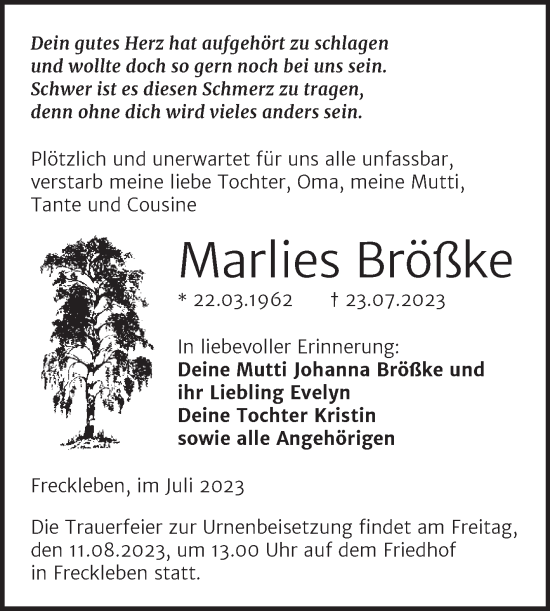 Traueranzeige von Marlies Brößke von Trauerkombi Aschersleben