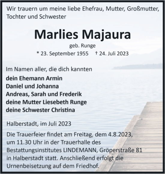 Traueranzeige von Marlies Majaura von Volksstimme Halberstadt