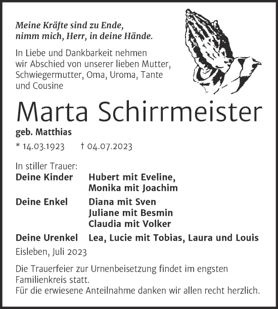 Traueranzeige von Marta Schirrmeister von Trauerkombi Mansfelder Land