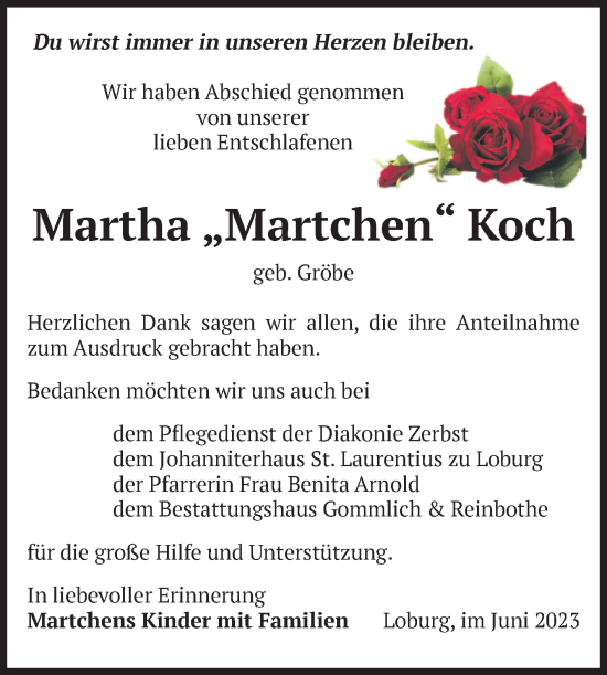 Traueranzeige von Martha Koch von Volksstimme Burg/Genthin