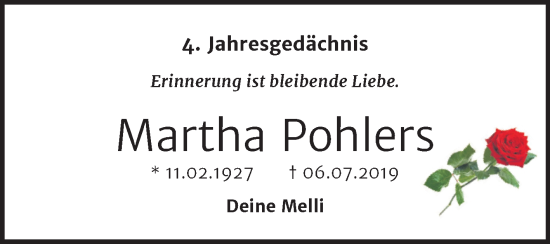 Traueranzeige von Martha Pohlers von Mitteldeutsche Zeitung Halle/Saalkreis
