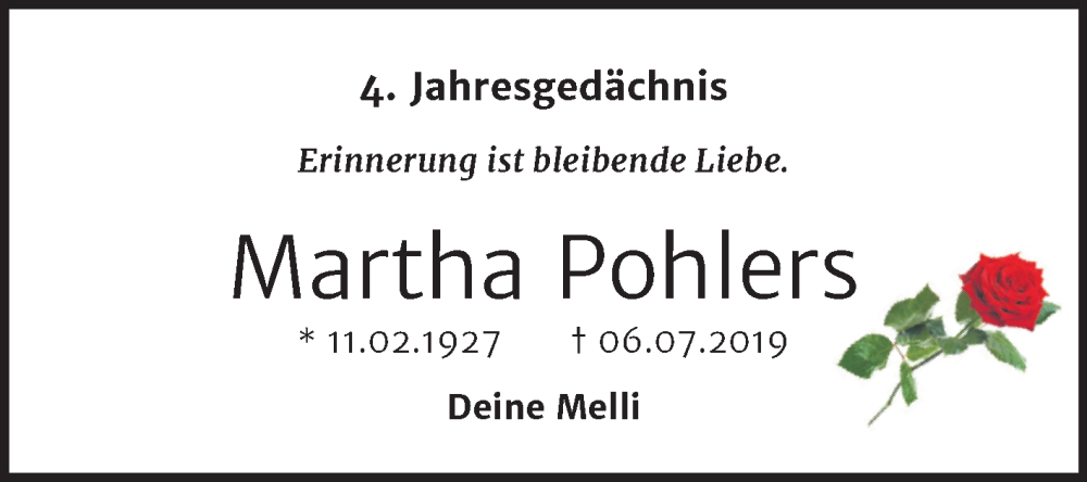  Traueranzeige für Martha Pohlers vom 06.07.2023 aus Mitteldeutsche Zeitung Halle/Saalkreis